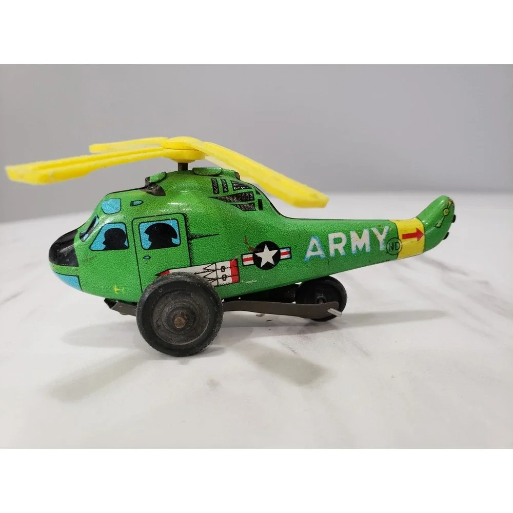 1950's Tin Litho ARMY HELICOPTER Green Small Metal Toy-Made In Japan‎